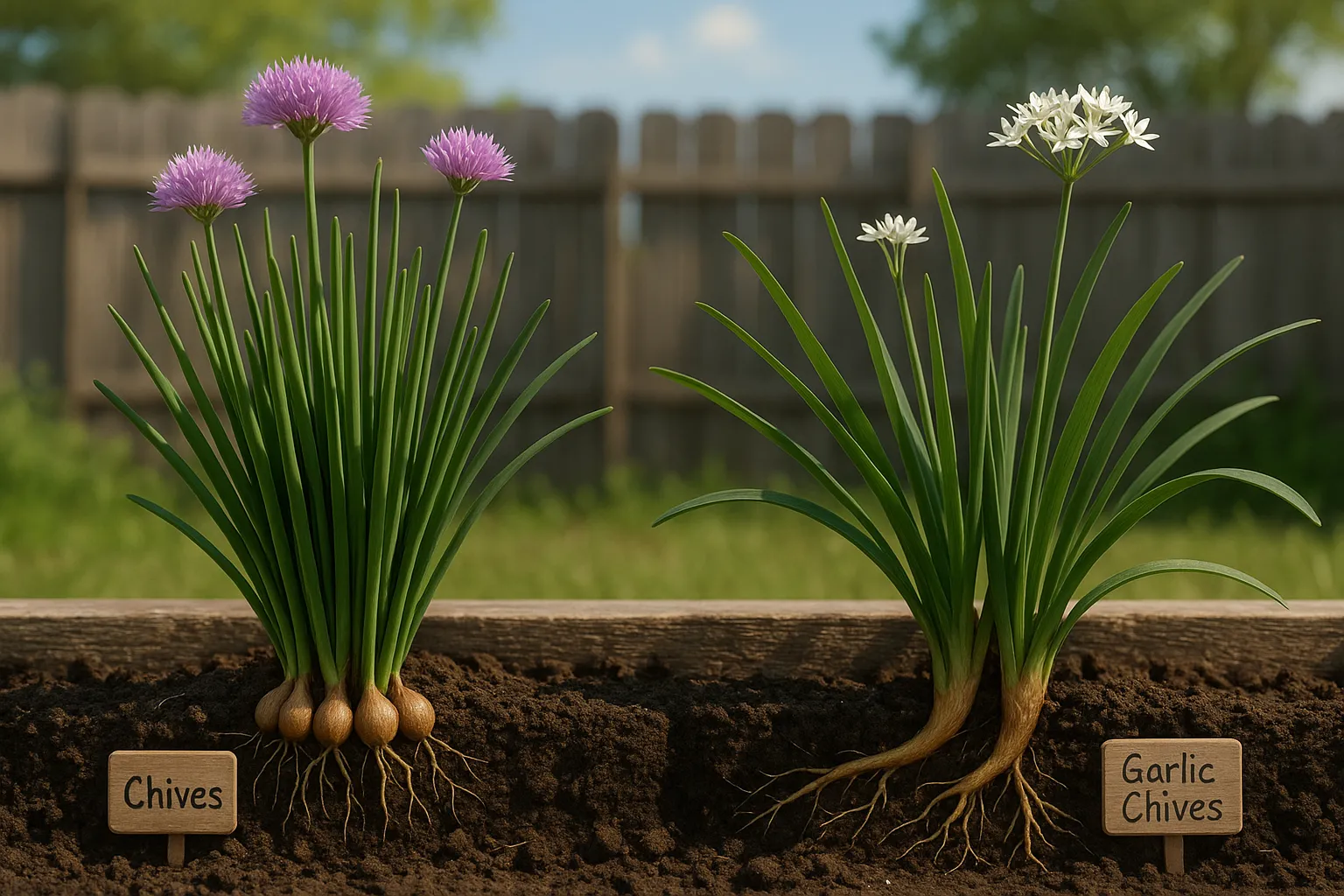 Close-up comparison of tubular chives and flat-leaf garlic chives in a garden bed.