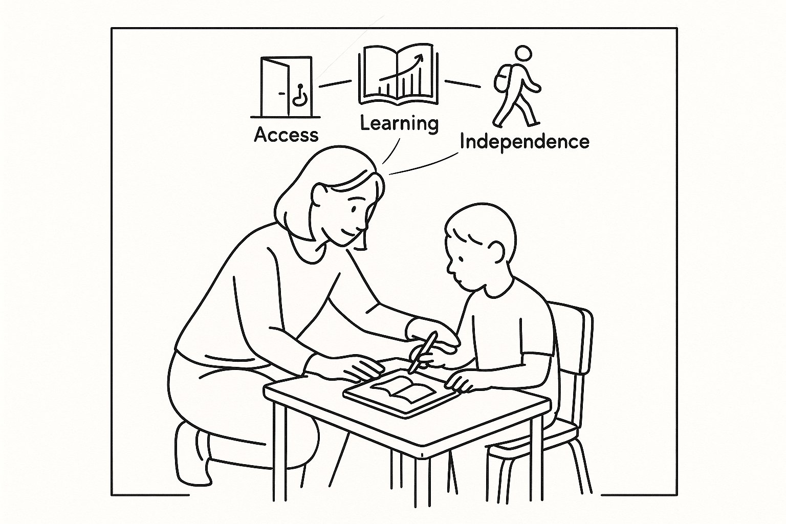 Teacher guiding a student with icons for access, learning, and independence. - What Is the Goal of a Special Education Teacher A Practical Guide to Student-Centered Outcomes 2026