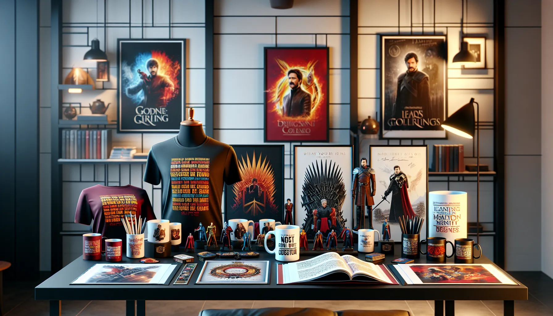 variety of fan merchandise and collectibles on a modern table.
