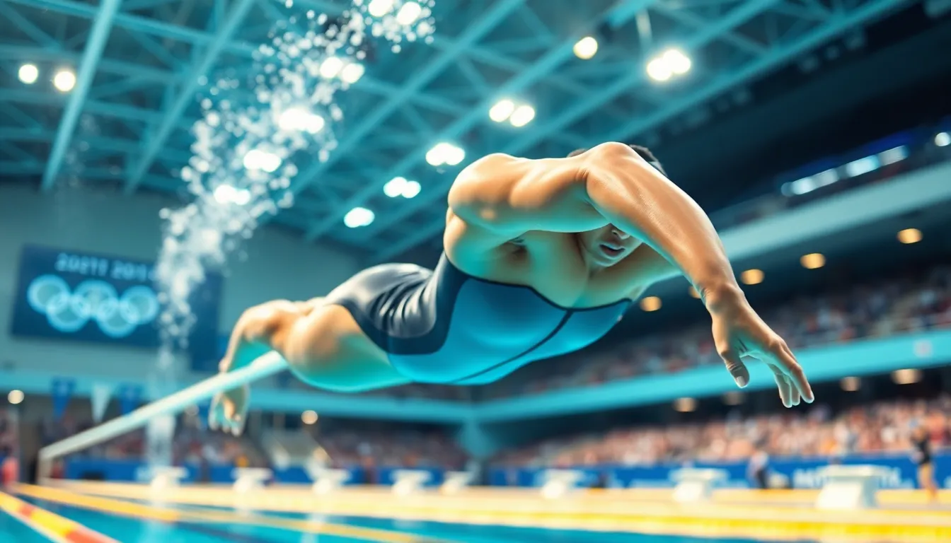 Swimmer in a high-tech suit diving into an Olympic pool.