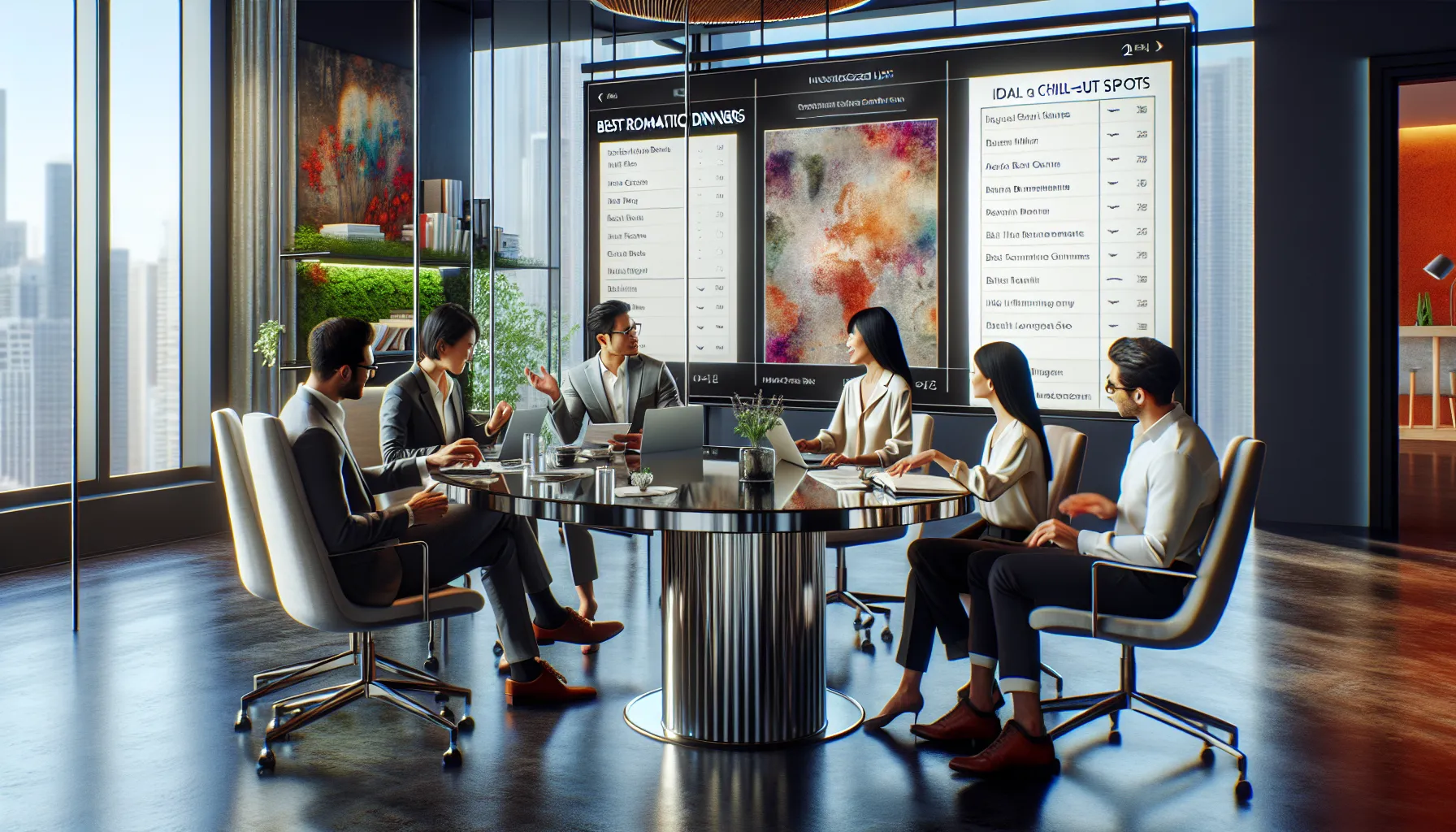 Diverse team discussing favorite places in a modern office.