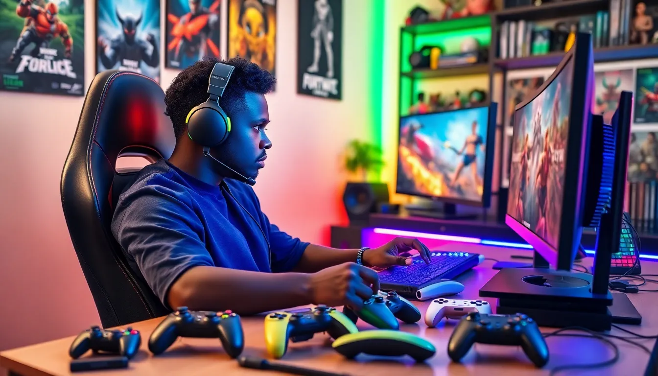 A gamer using headphones and controllers in an immersive gaming setup.