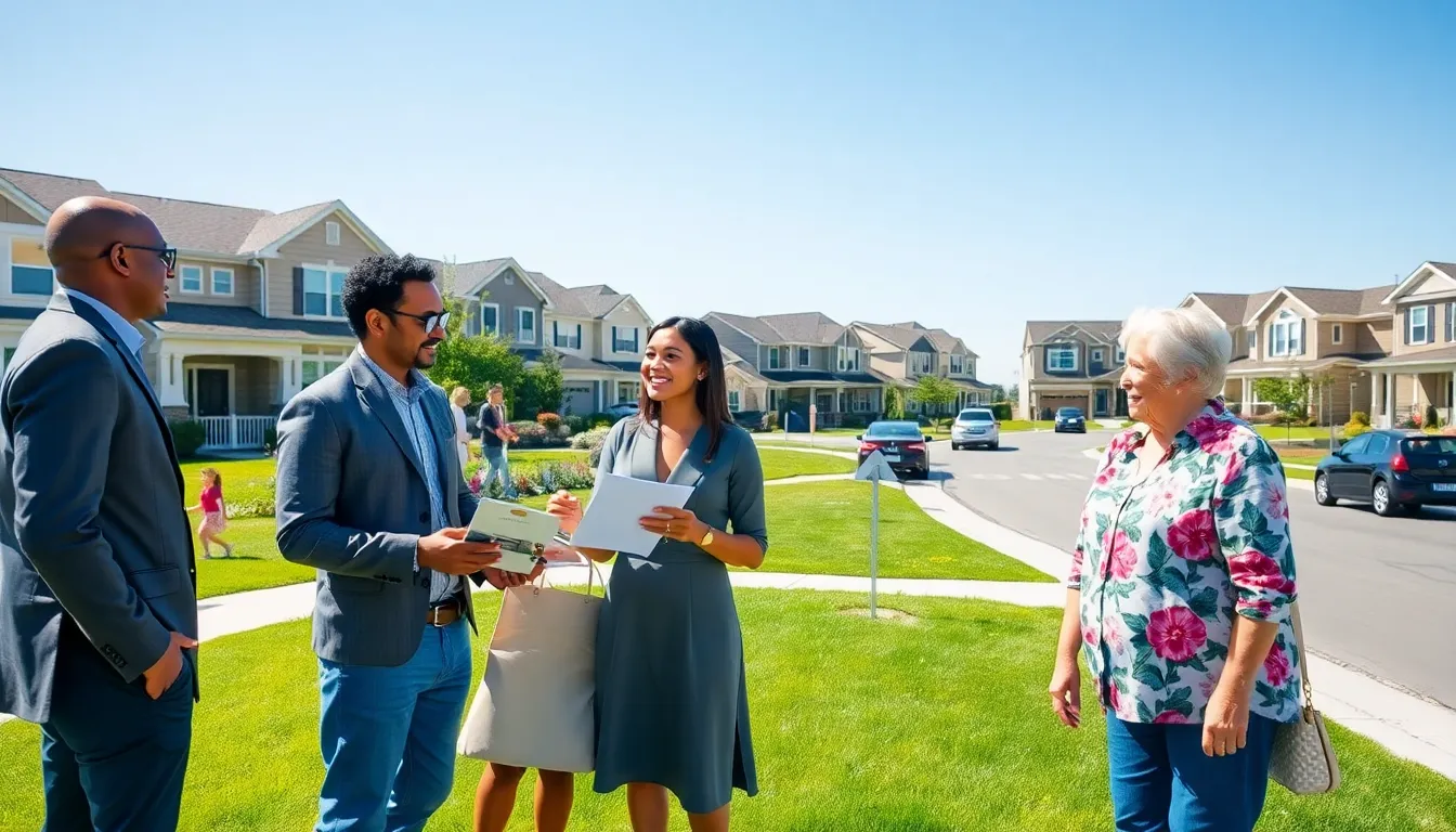 diverse group discussing real estate in a sunny suburban neighborhood.