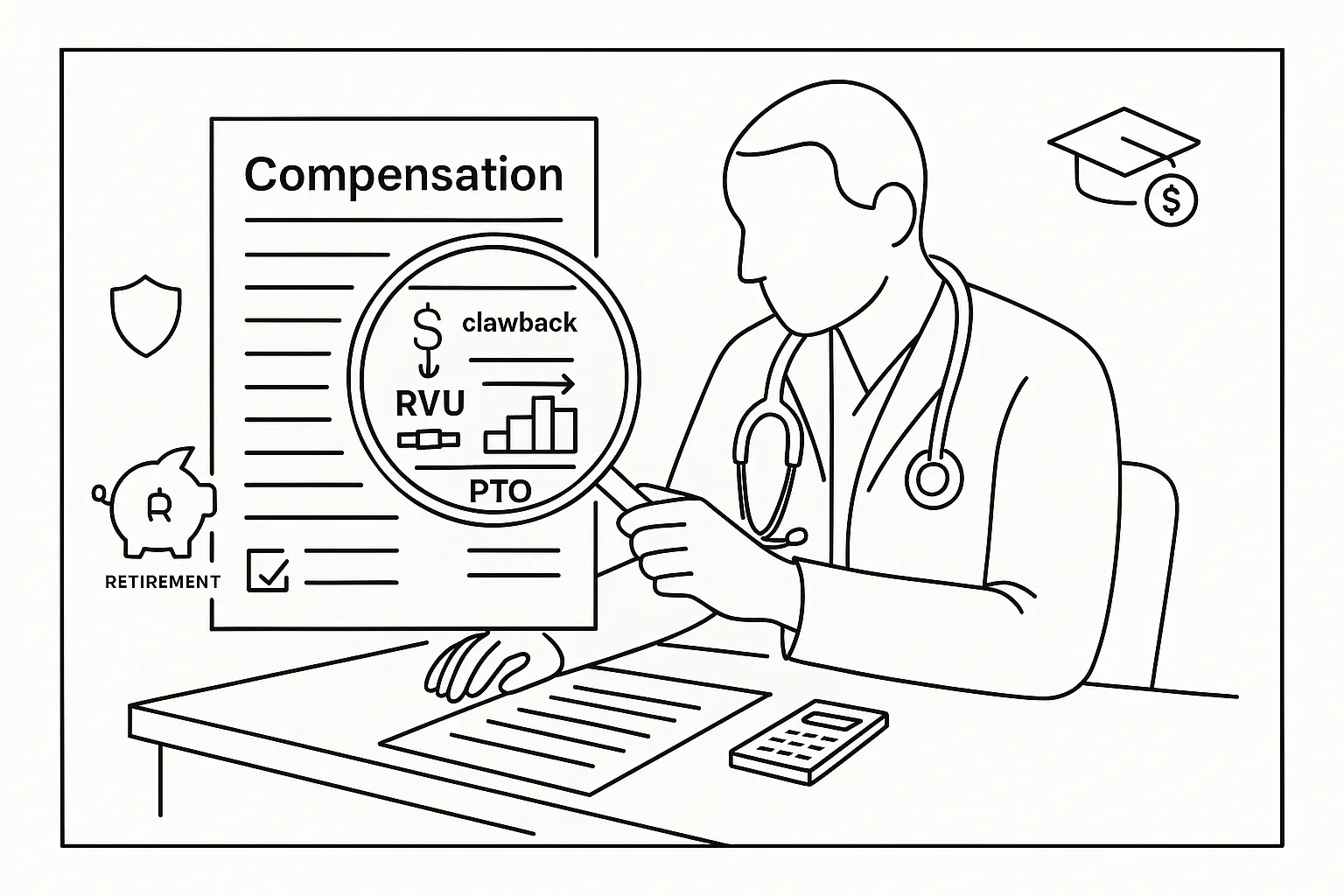 Physician Assistant examining a contract with magnifying glass and compensation icons.