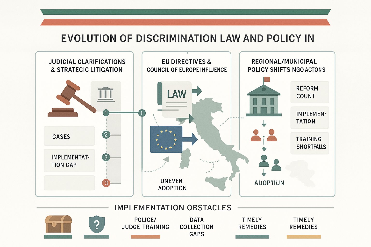 Infografica che mostra l'evoluzione legale dell'Italia sulla discriminazione con cronologia e lacune di implementazione.