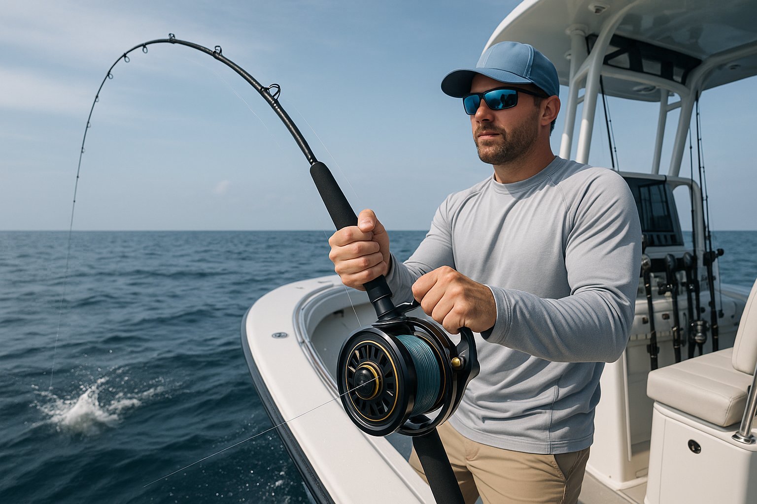 Angler on a boat adjusting drag while fighting a large fish.