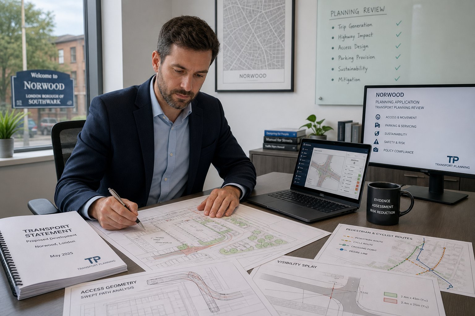 Traffic engineer reviewing development transport plans in a modern office.