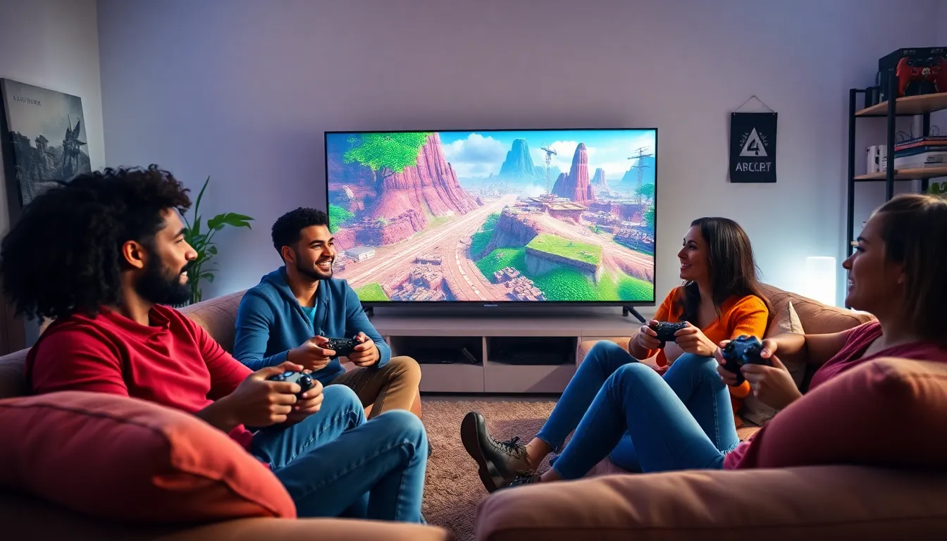 diverse gamers playing Xbox 360 adventure games in a cozy living room.