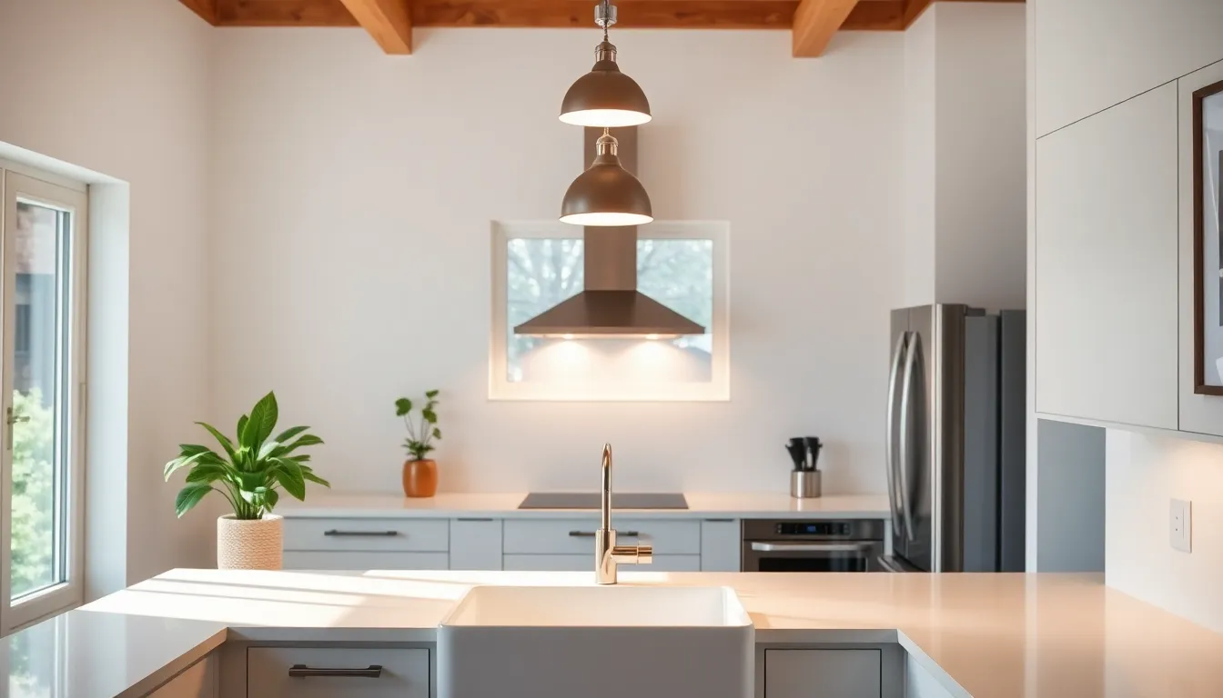 modern kitchen with stylish above sink lighting.