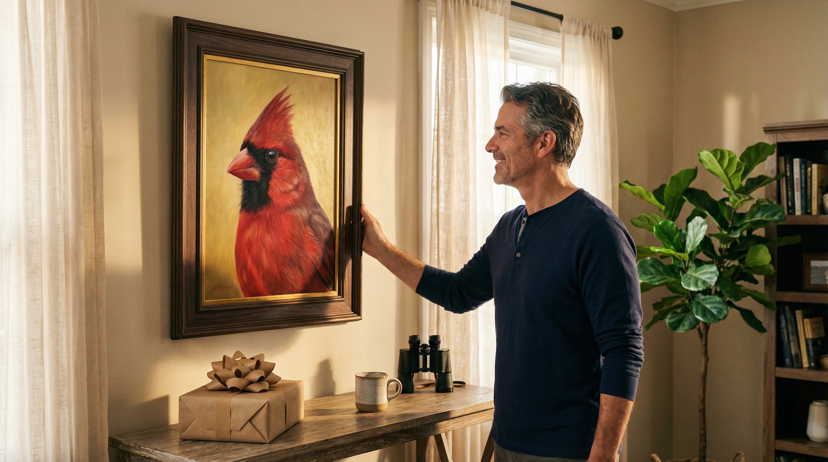 Man admiring a framed custom cardinal bird portrait on his living room wall.