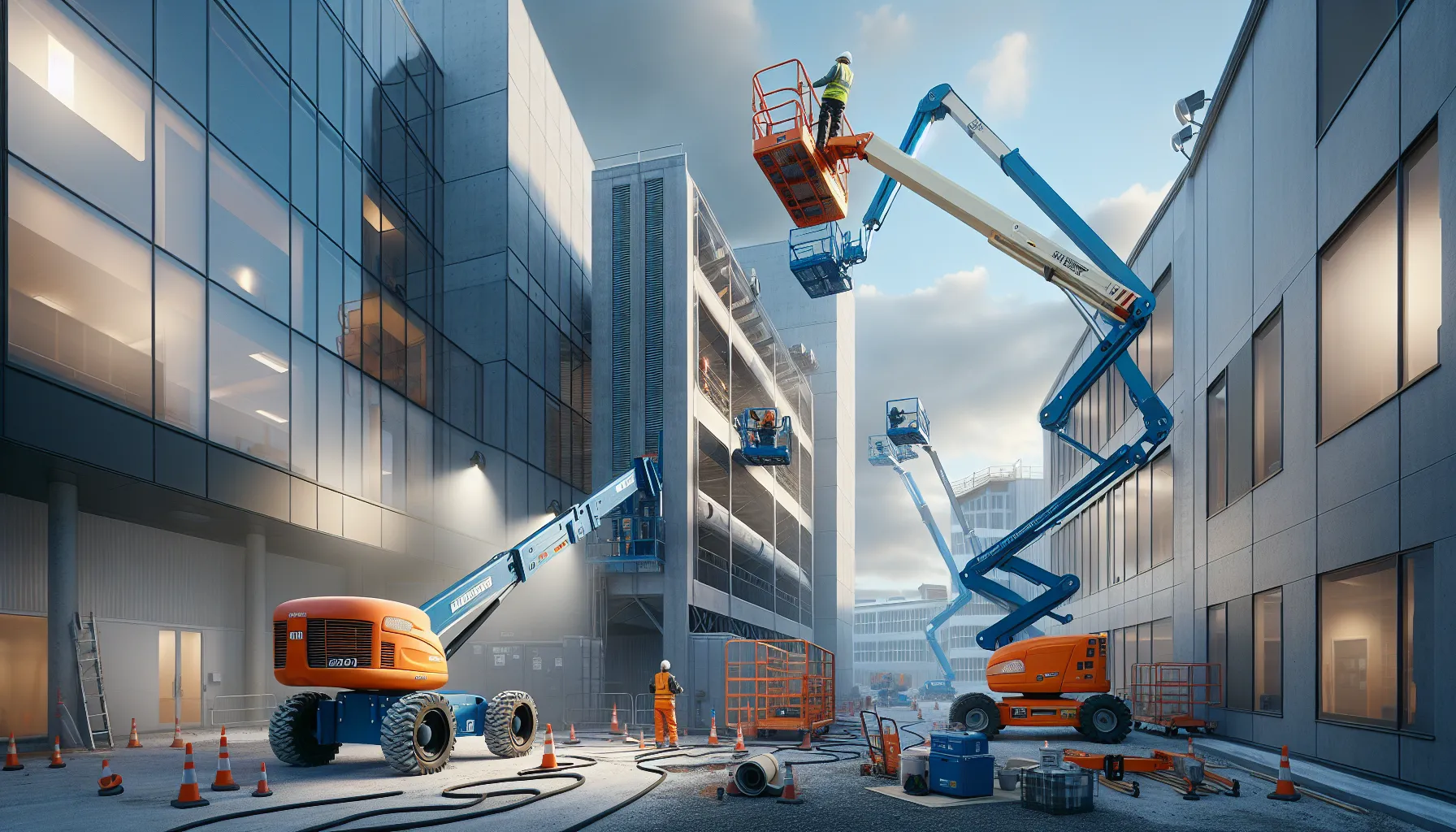 Norwegian construction site showing different boom lift types used for varied work conditions.