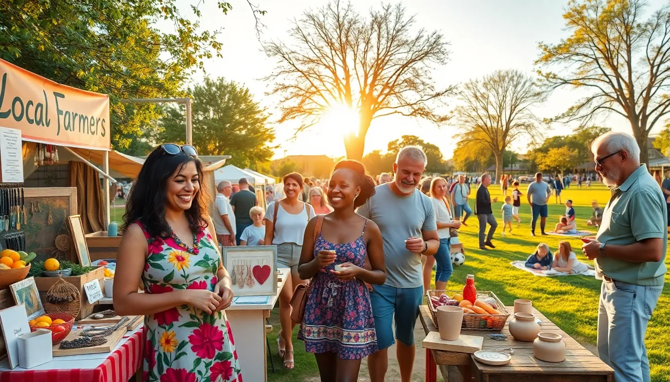 A diverse community gathering at a vibrant outdoor art fair.