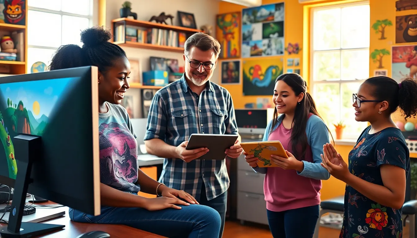 a diverse group in a vibrant game design studio creating and sharing ideas.