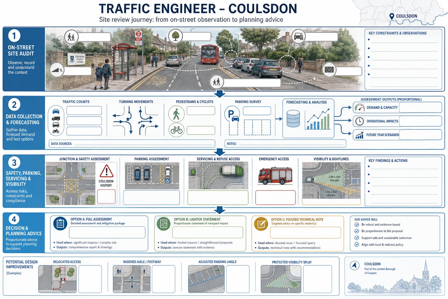 Traffic site review infographic showing surveys, safety checks, parking, servicing and planning outcomes.