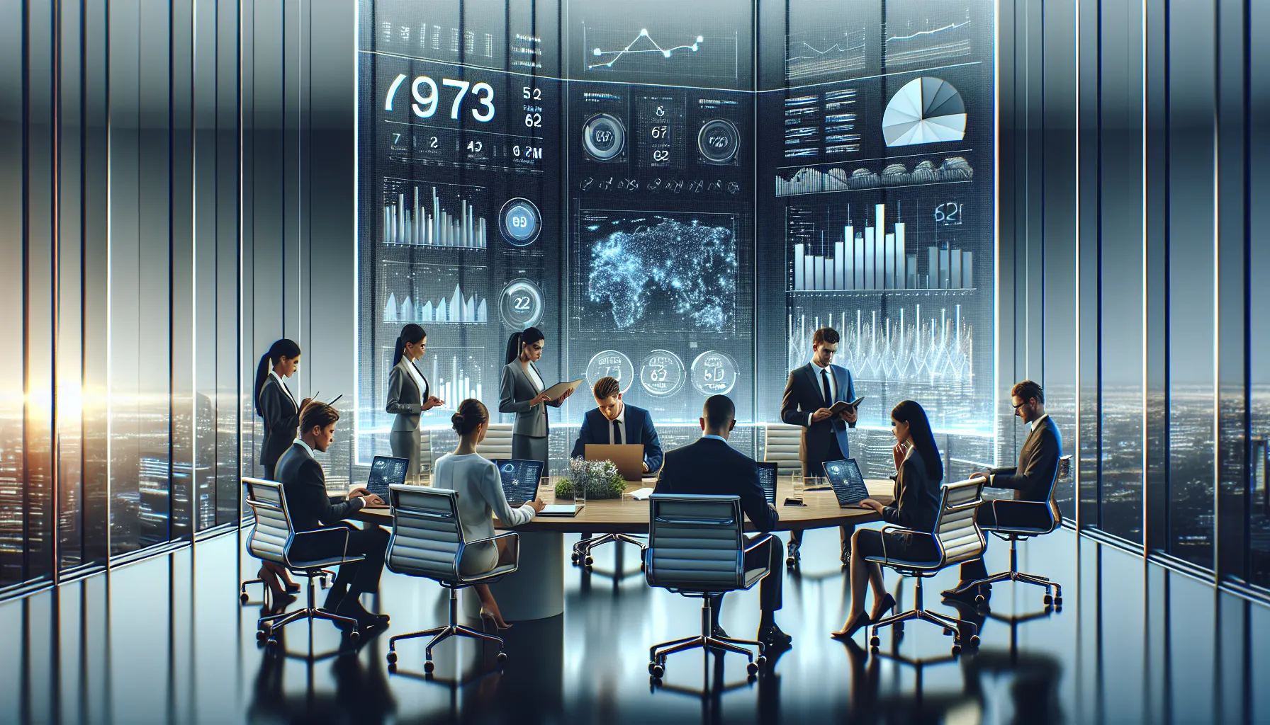 diverse team collaborating over data in a modern office.