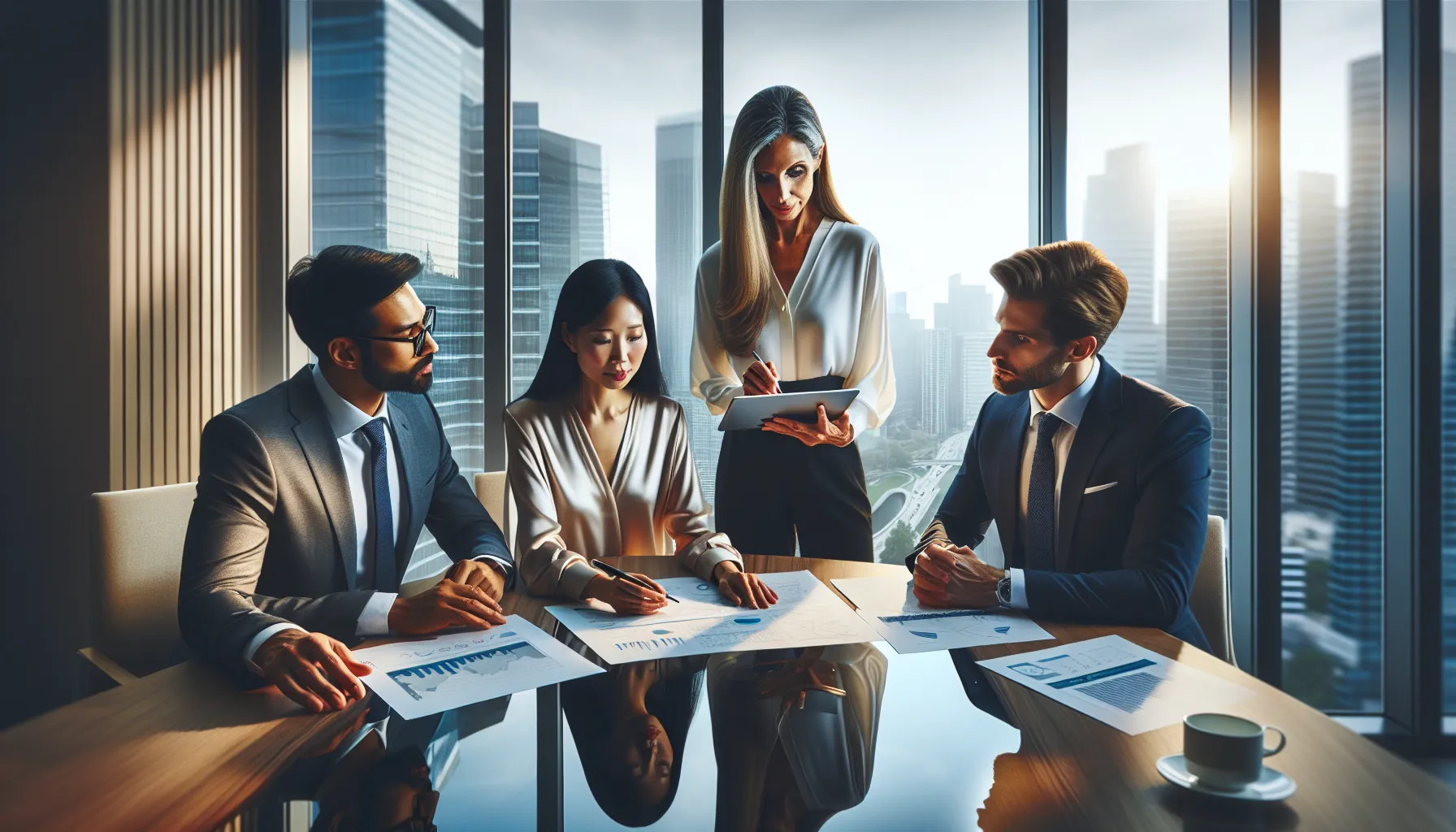 diverse financial advisors collaborating with clients in a modern office.