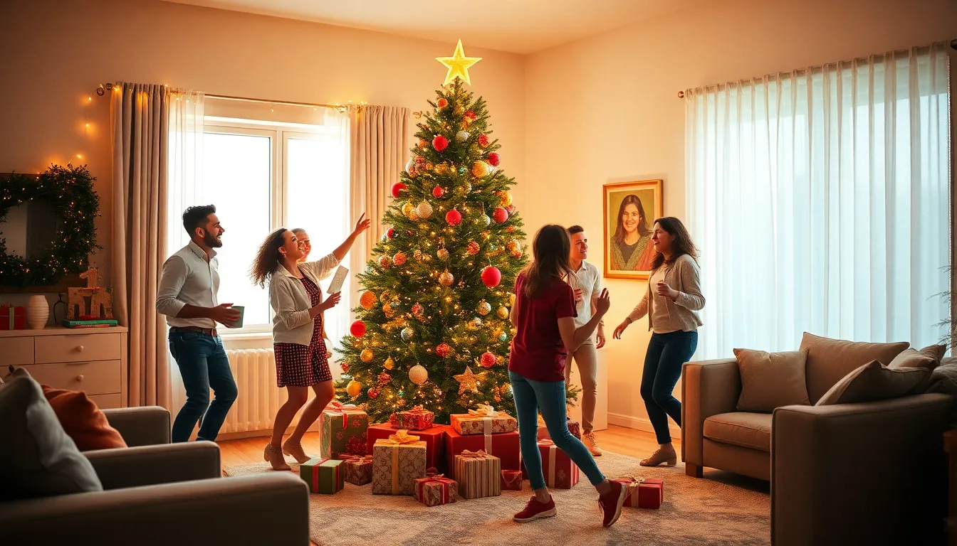 friends celebrating around a Christmas tree in a modern living room.
