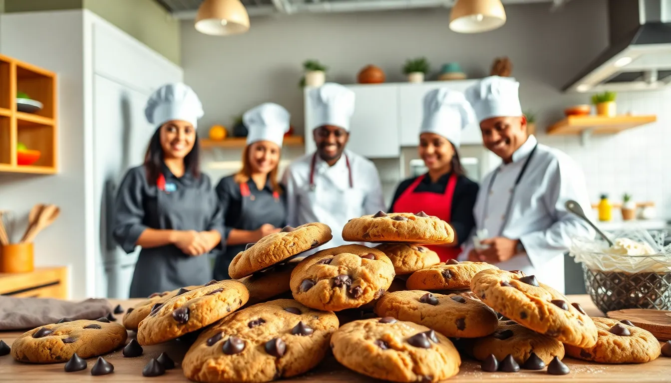 diverse bakers creating delicious cookies in a modern kitchen.