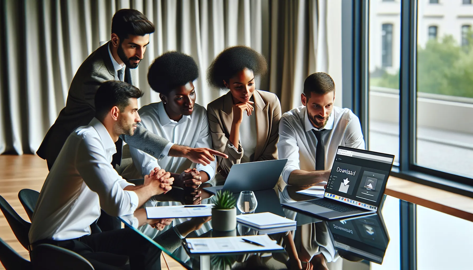 professionals troubleshooting download issues in a modern office.