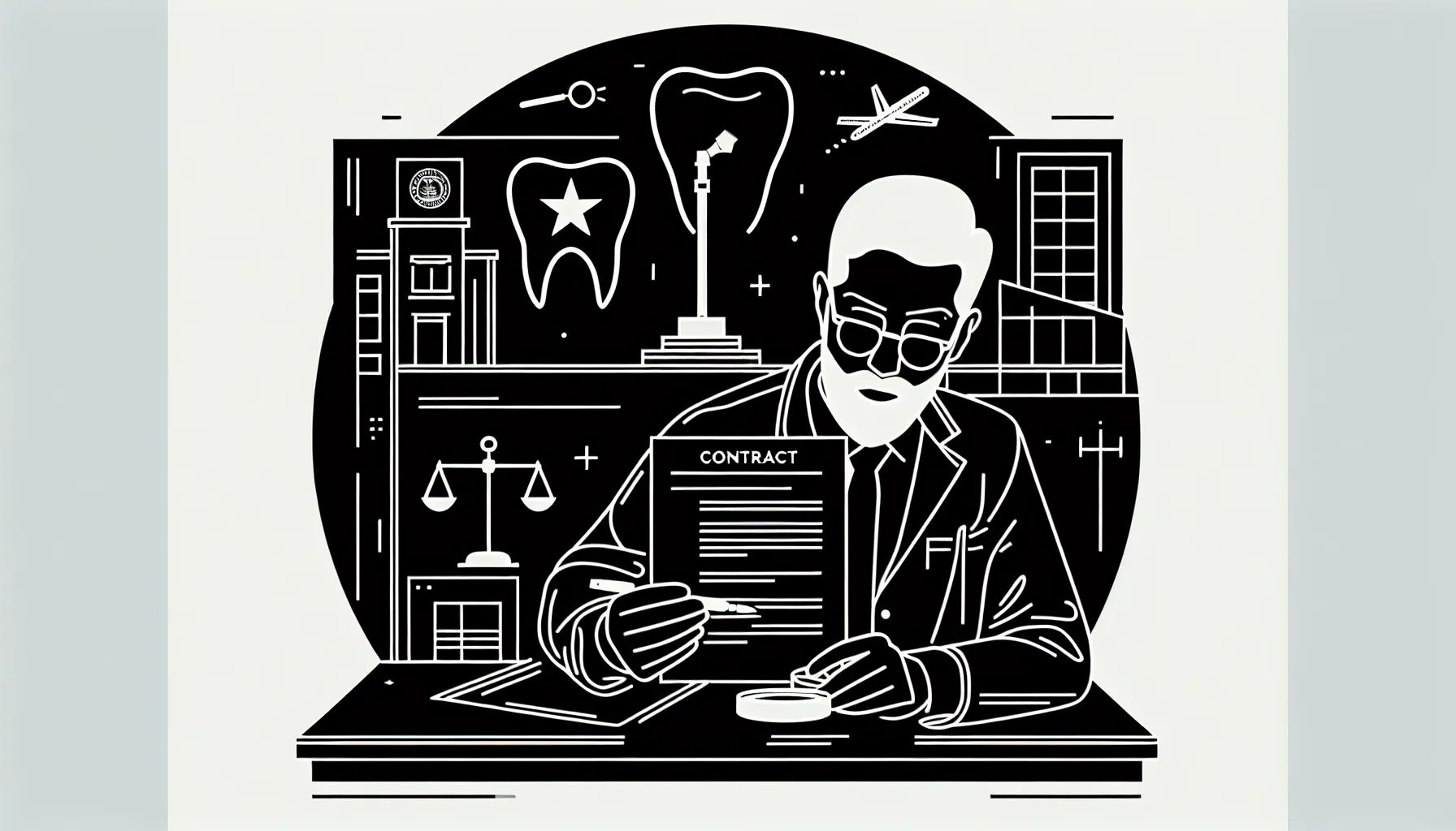 Dentist using magnifying glass to review a contract with California symbols of California Dental Contract Review.