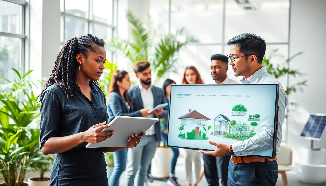 diverse professionals discussing sustainable technology solutions in a modern office.