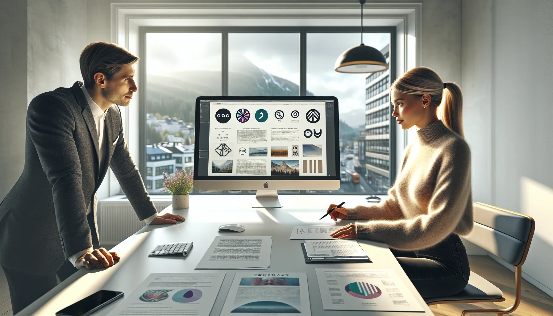 Designer and client review logo rights and copyright contract in a modern norwegian office.