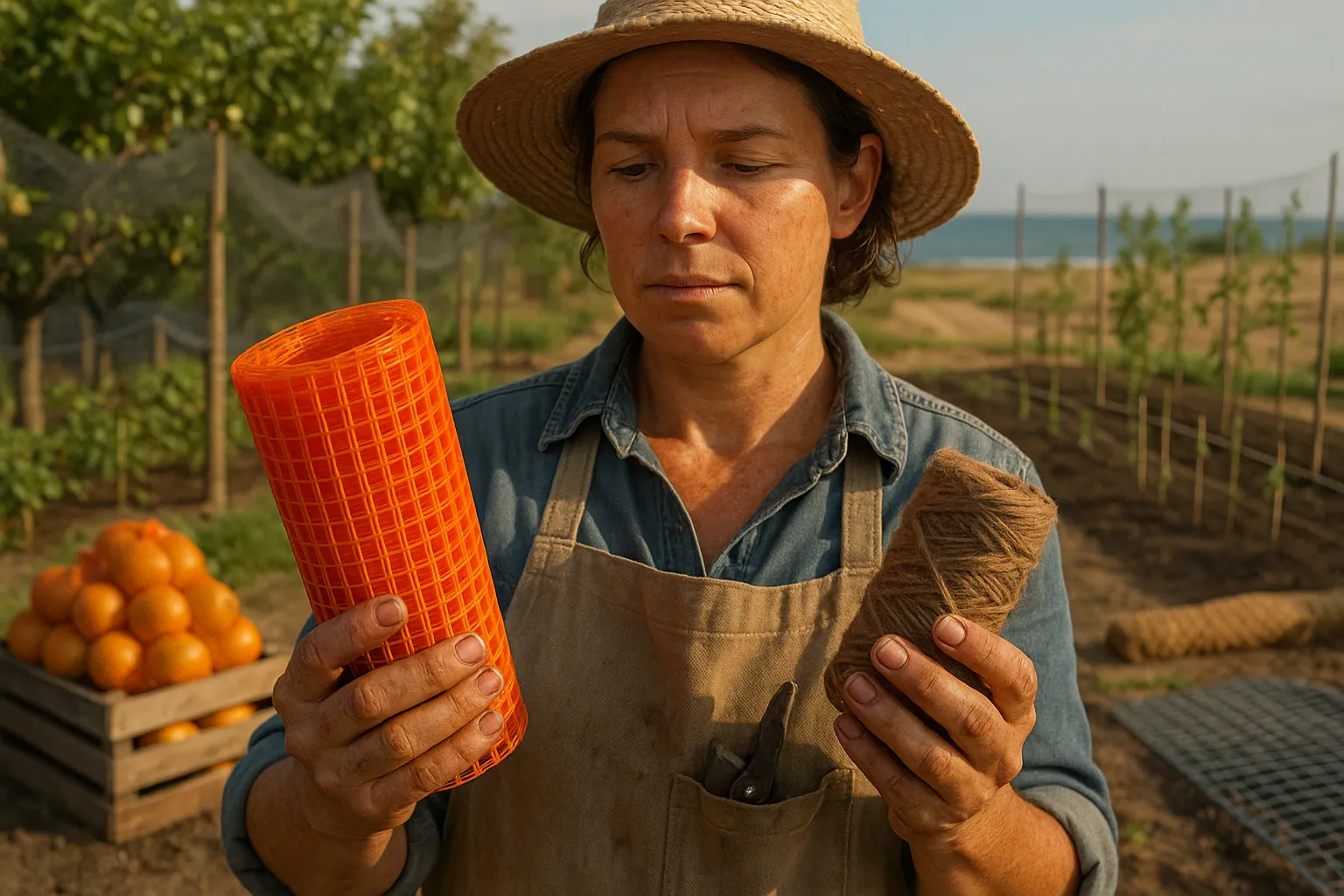 Gardener holding orange plastic mesh and brown coir twine on a small farm.