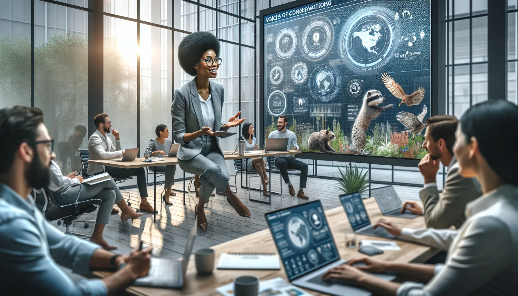 diverse team in a modern office discussing conservation initiatives.