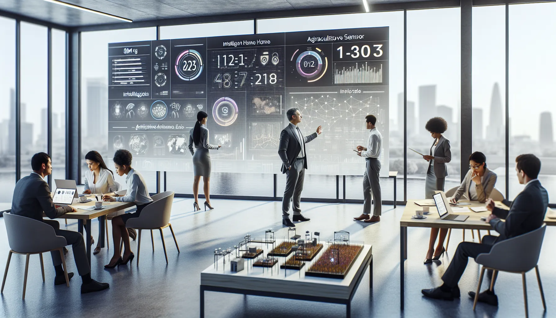 professionals discussing smart technology applications in a modern office.
