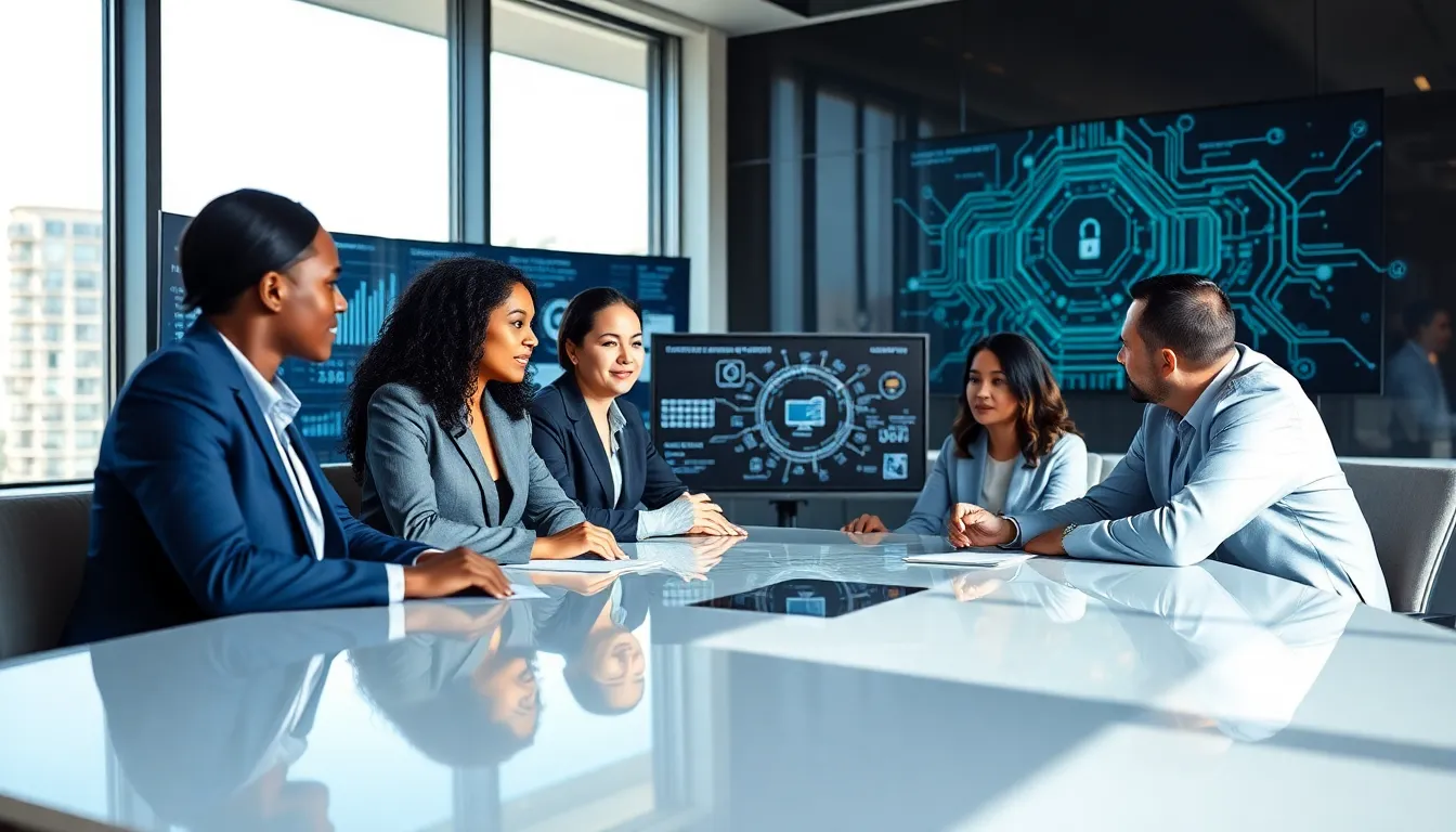 diverse cybersecurity team discussing emerging technologies in a modern office.