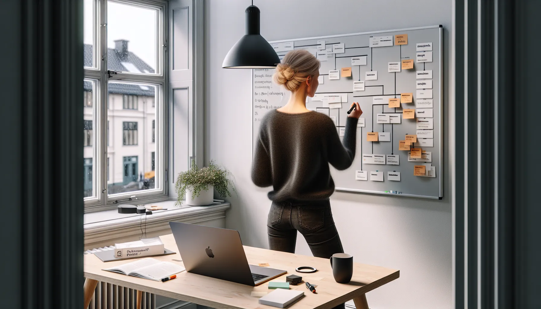 Gdpr-revisjon for småbedrifter: en praktisk sjekkliste 4 Norwegian office scene with woman mapping gdpr data flows on a whiteboard.