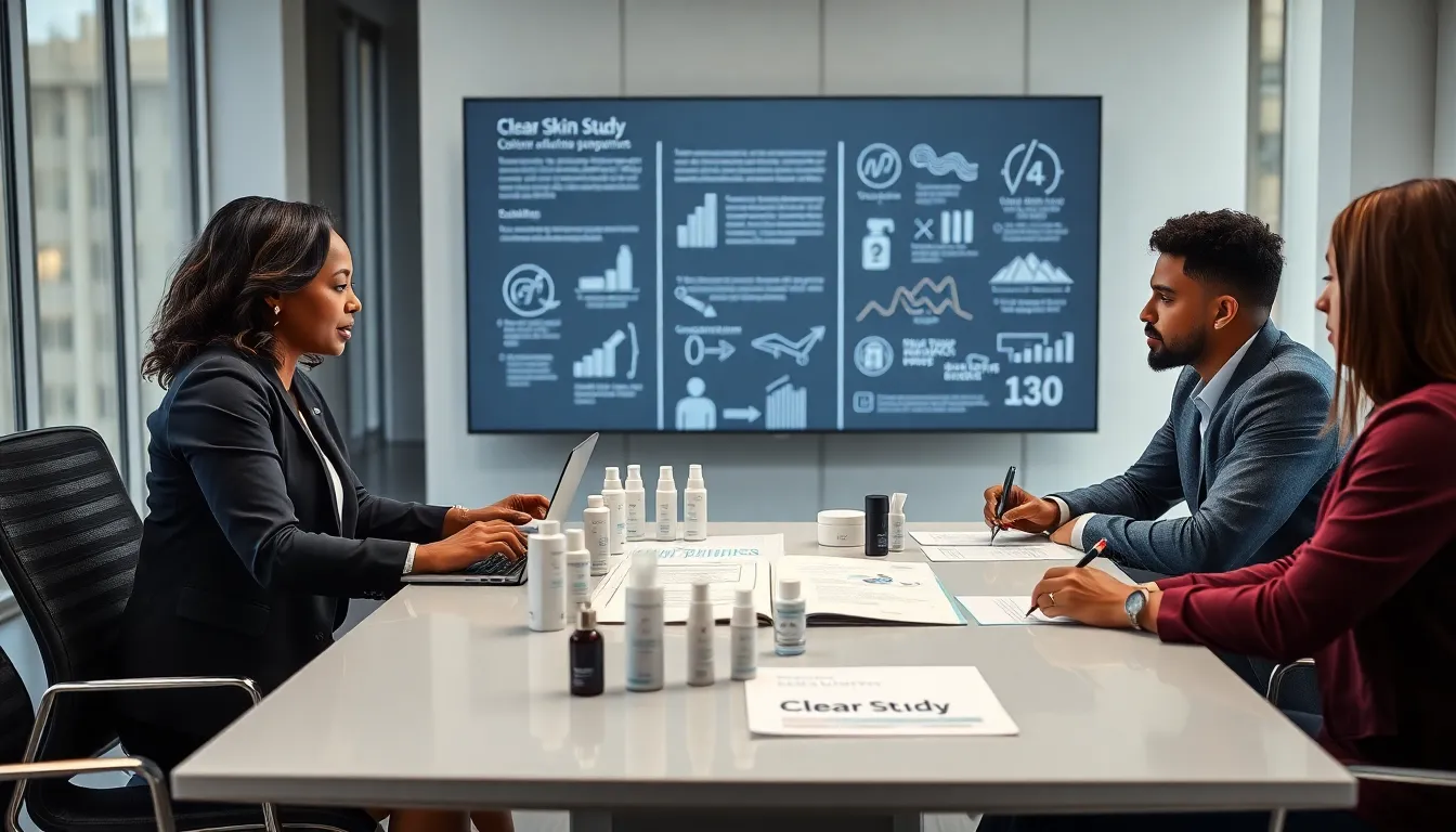 diverse professionals discussing skincare research in a modern office.