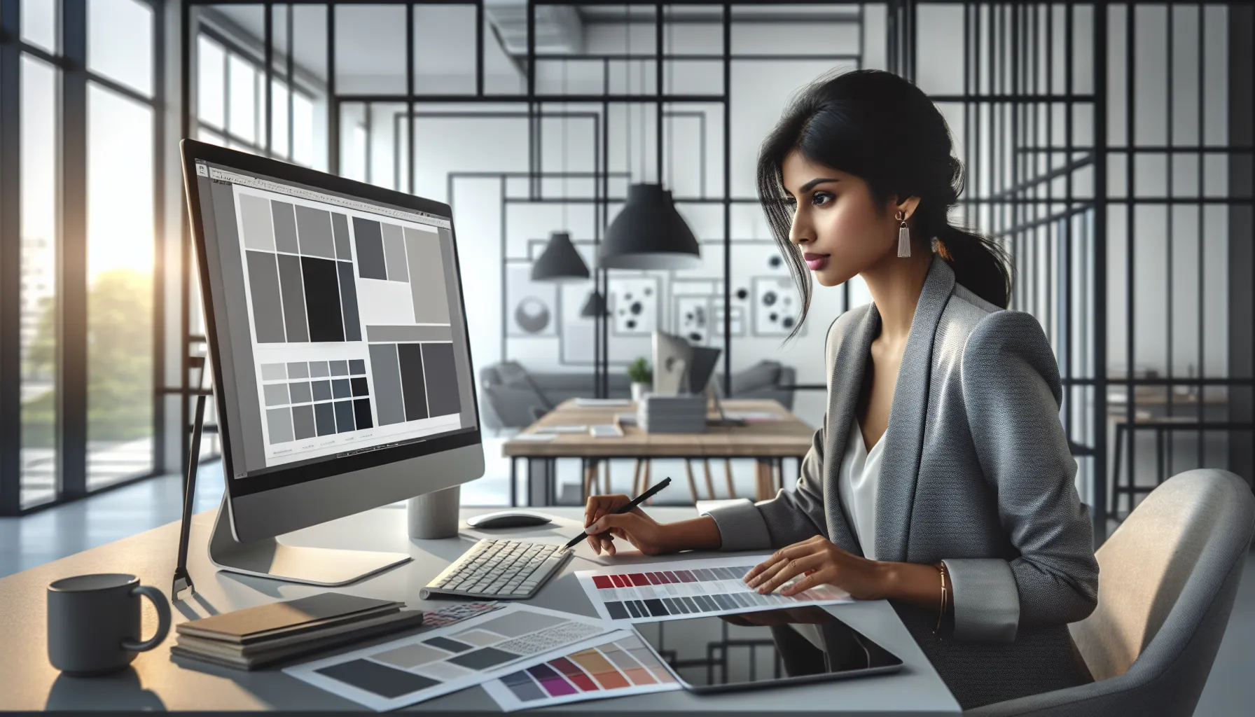 designer working on gray color palettes in a modern office.