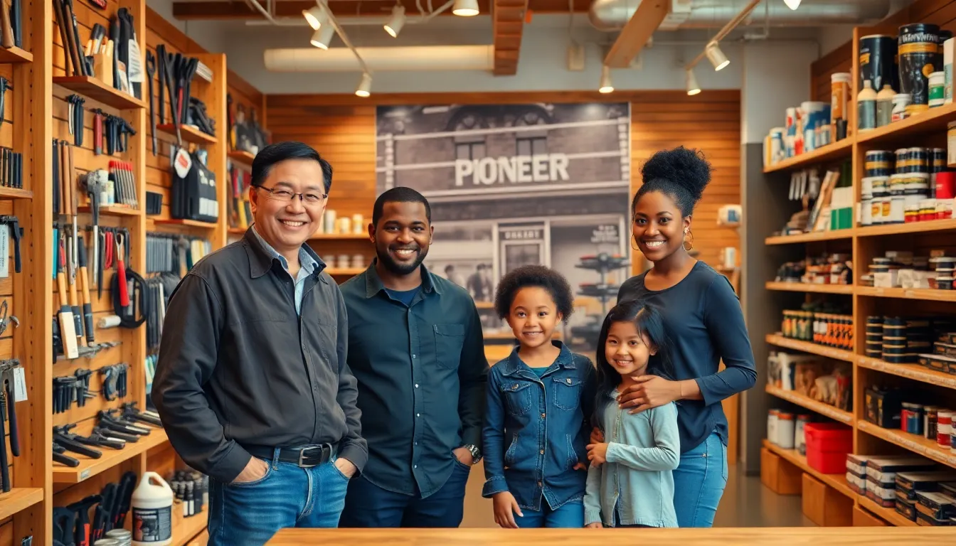 diverse staff assisting customers in a modern hardware store.