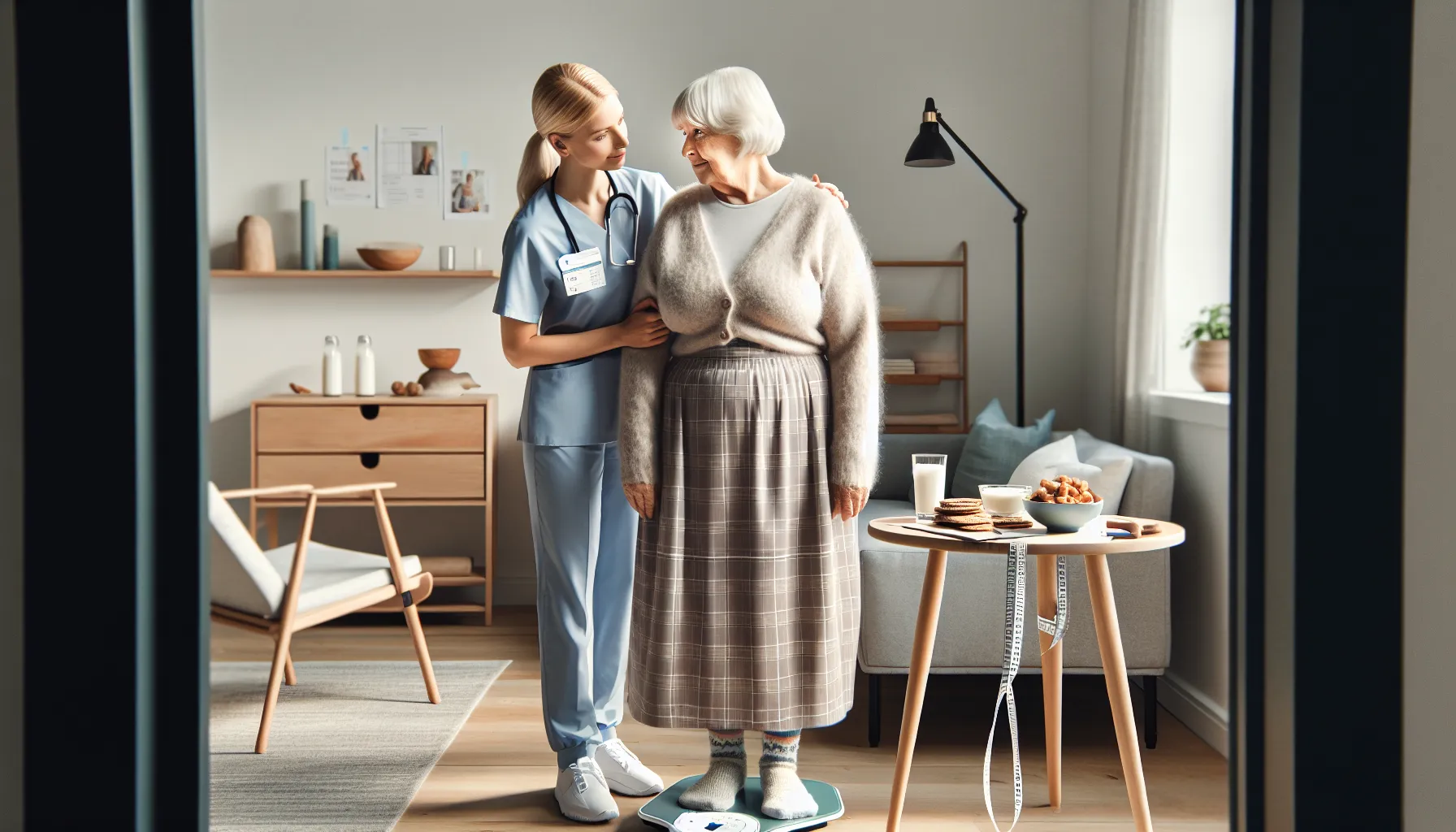 Norwegian nurse weighs an elderly woman and checks a meal log.