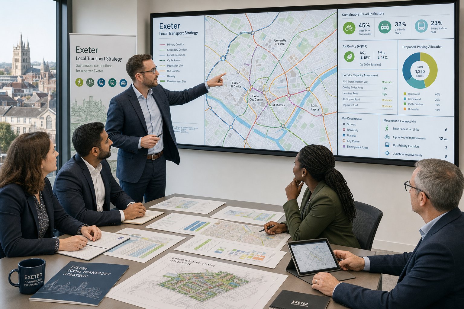 Traffic engineer reviewing Exeter transport strategy with maps and development plans.