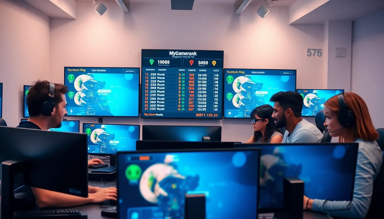 diverse group of gamers analyzing their performance metrics in a modern workspace.