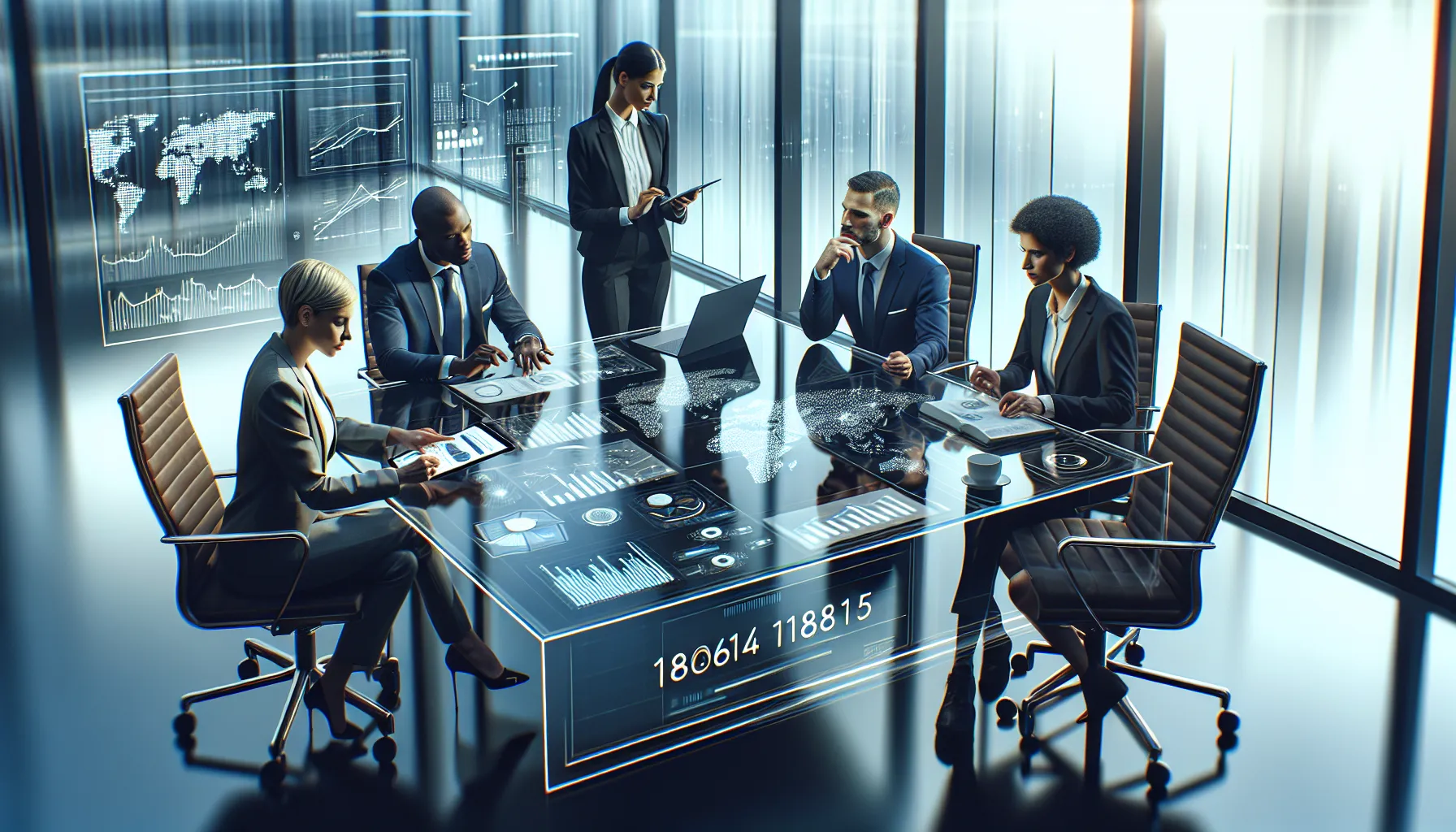 diverse professionals discussing data in a modern office setting.