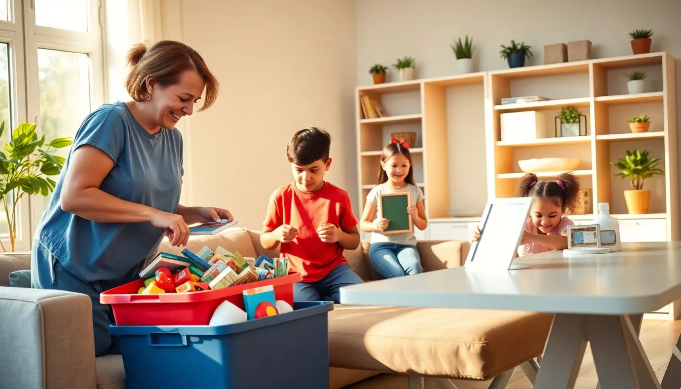 a diverse family organizing a sunlit living room with multipurpose furniture.