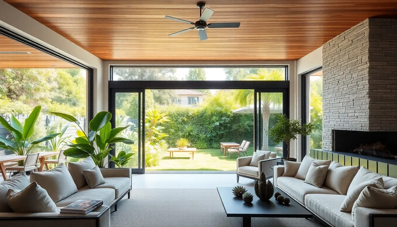 a modern living room seamlessly connecting indoor comfort with an outdoor garden.