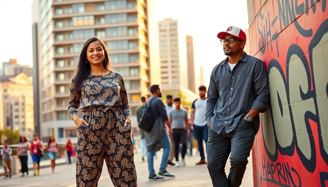 a diverse group of young adults showcasing Hibbegs fashion in an urban setting.