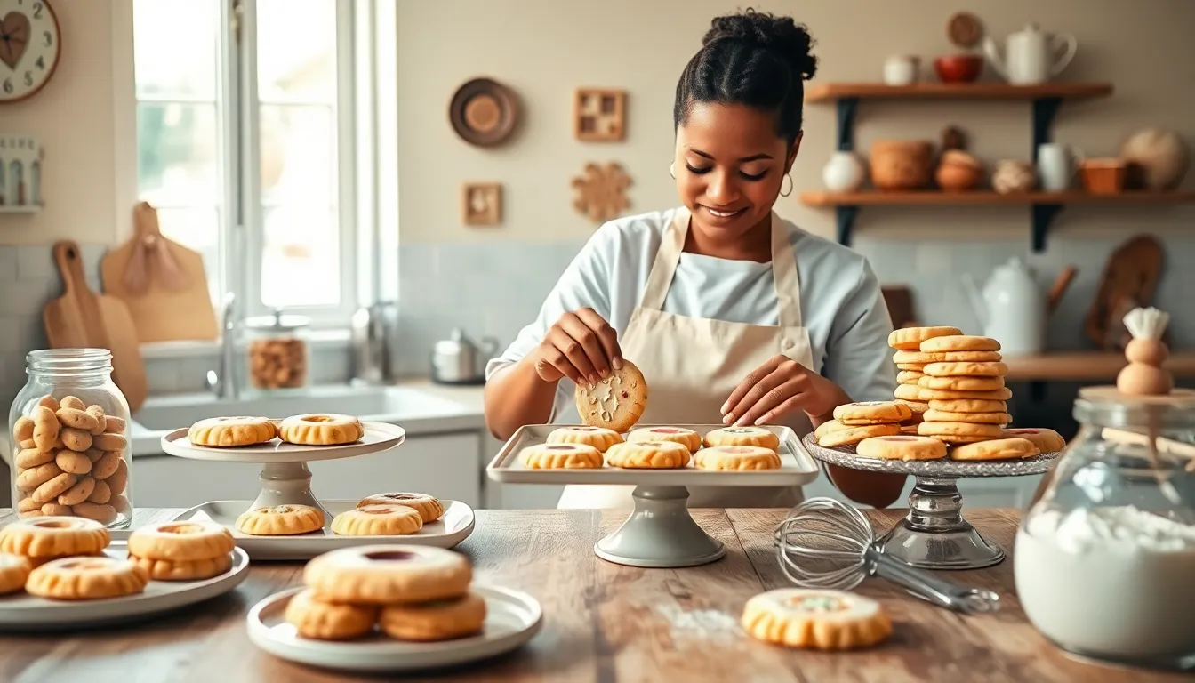 baker decorating cookies in a cozy kitchen.