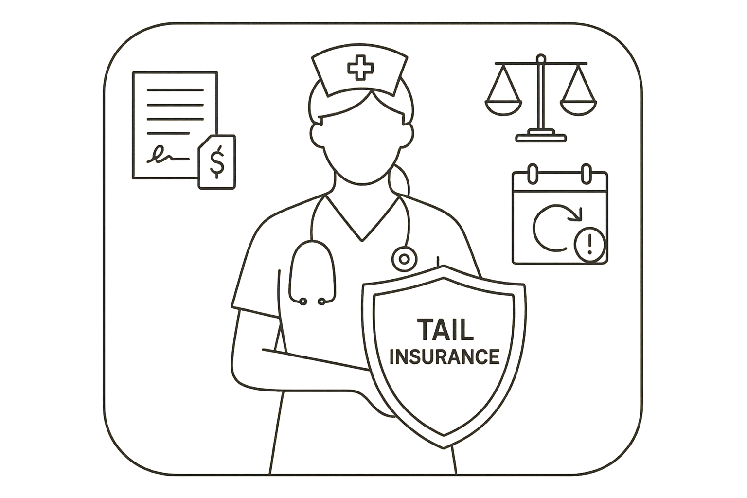 Nurse practitioner holding a shield labeled Tail Insurance beside contract and calendar.
