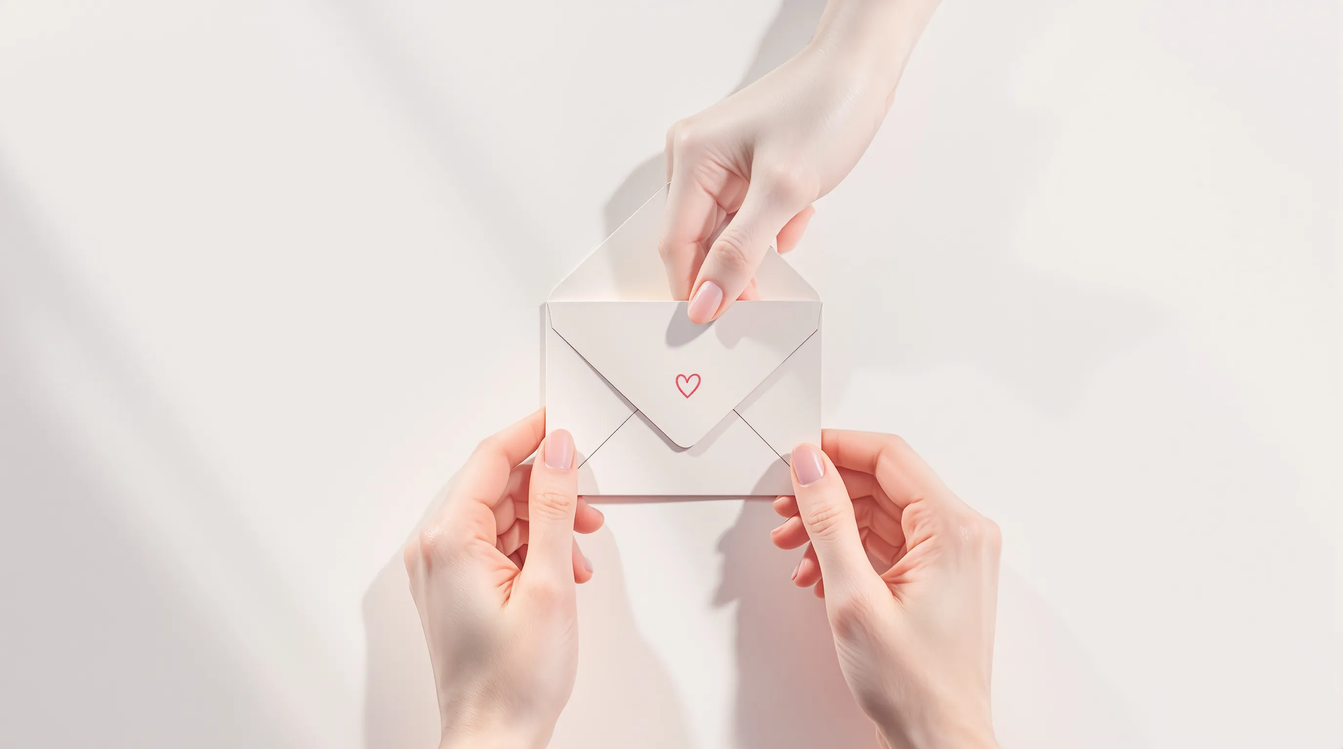 Hand placing a simple thank-you card on a clean white surface.
