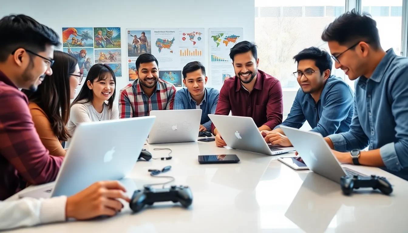 diverse game developers collaborating in a modern office.