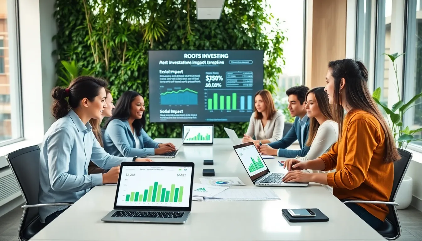 diverse professionals discussing ethical investment strategies in a modern office.