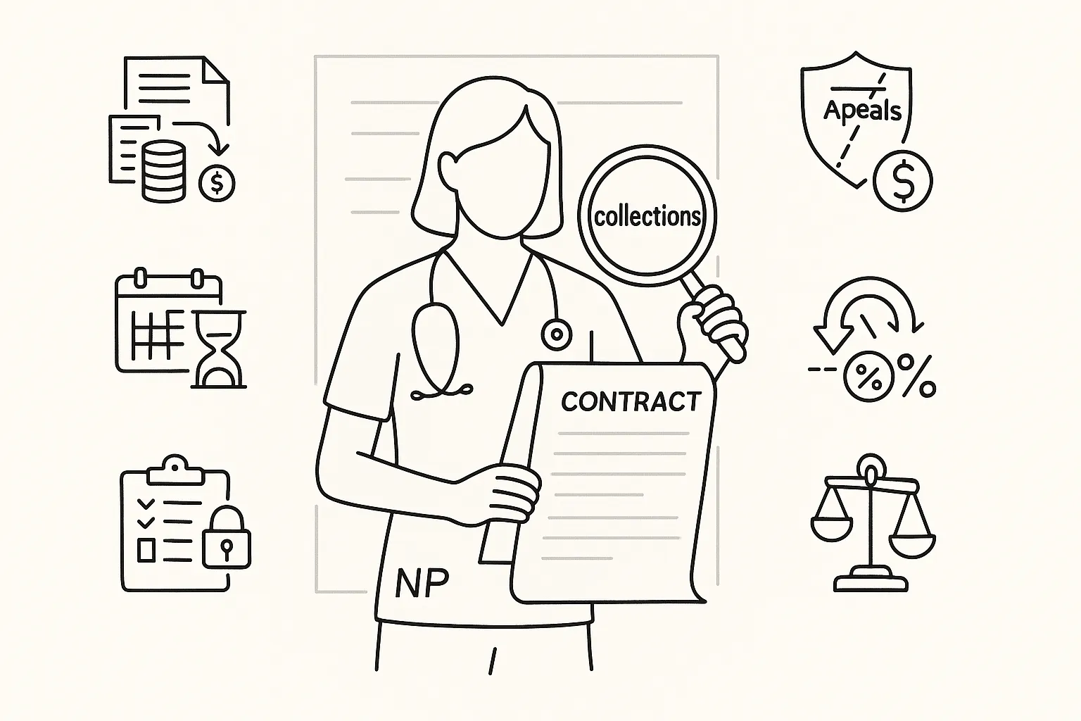 Nurse practitioner examining a contract with icons depicting pay pitfalls.