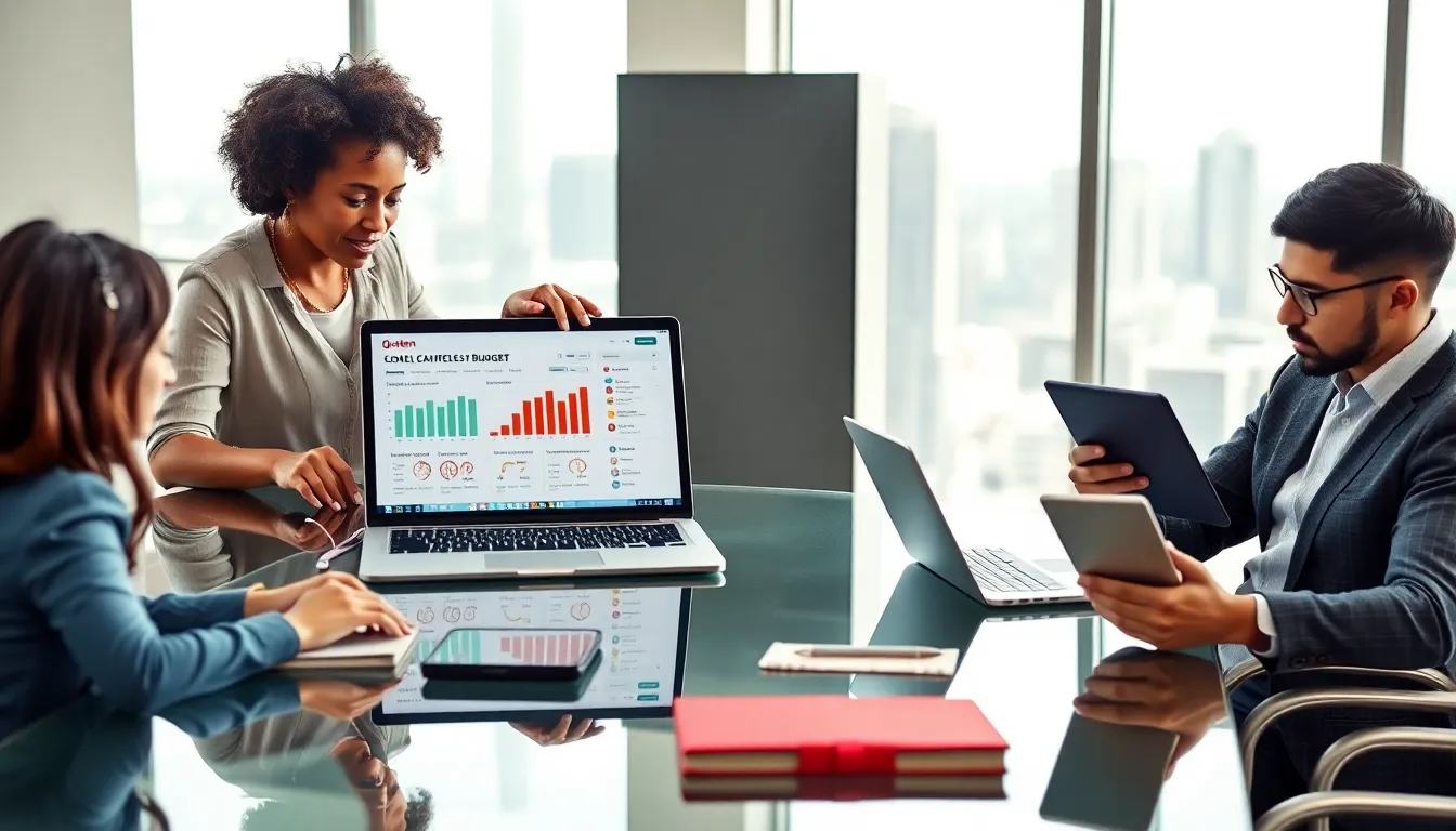 diverse professionals discussing budgeting tools in a modern office.