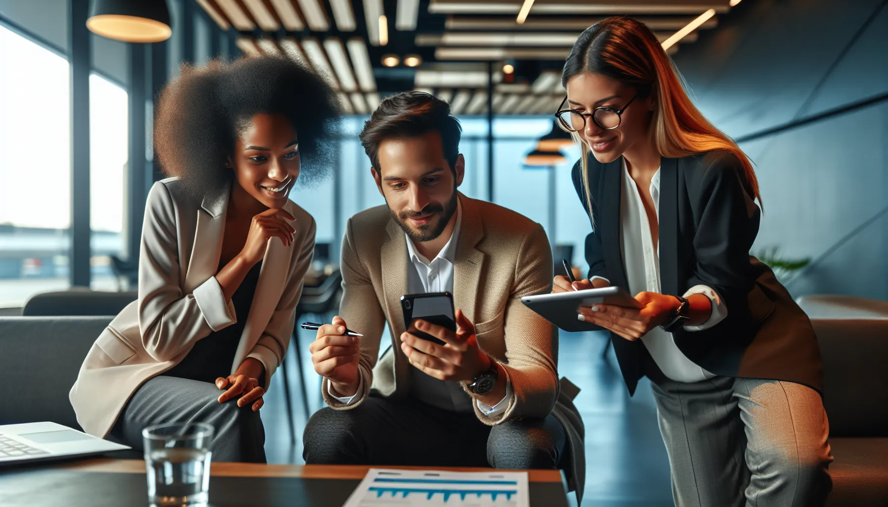 diverse team discussing travel discount codes in a modern office.