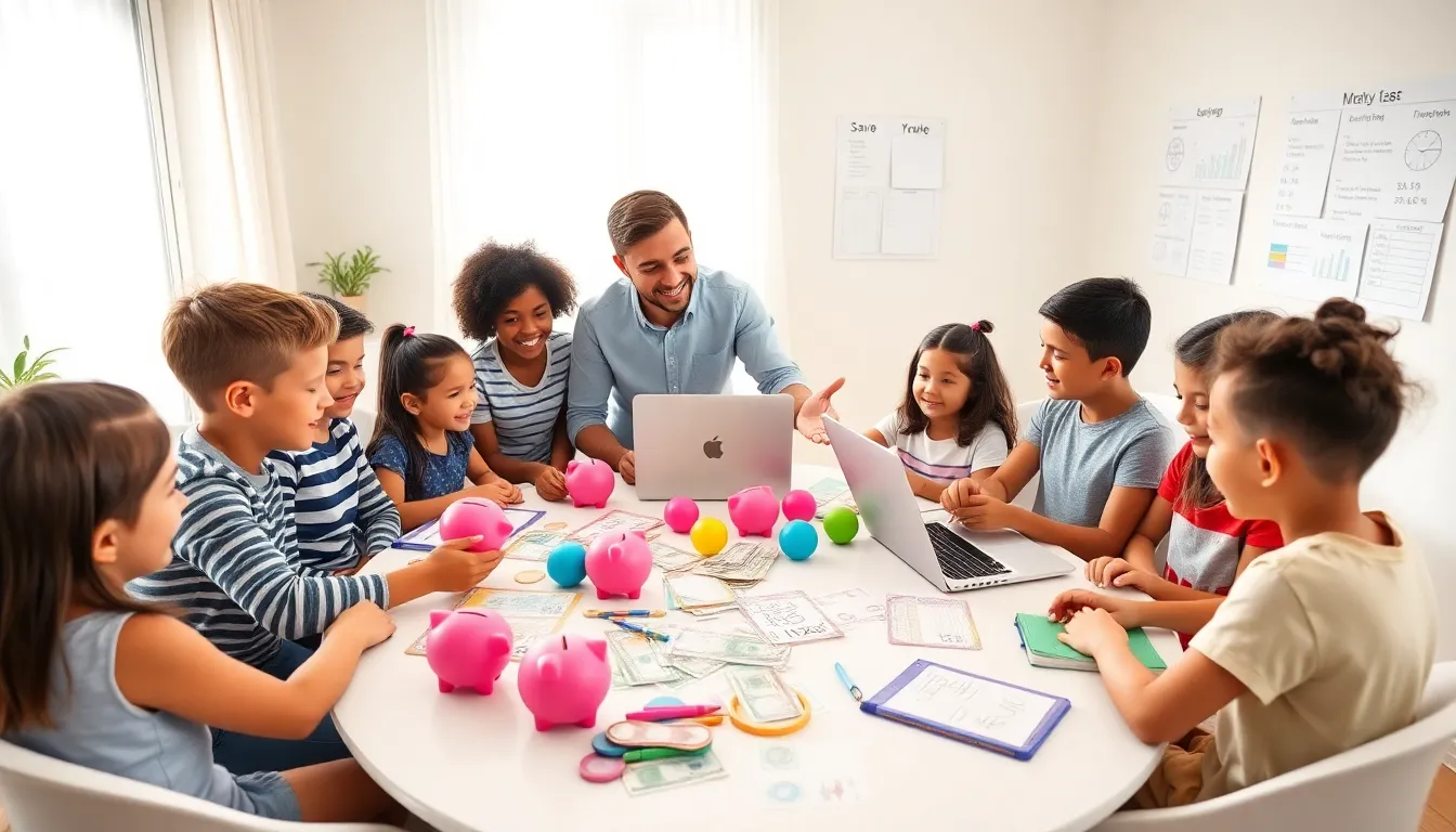 children learning about money management in a modern family room.